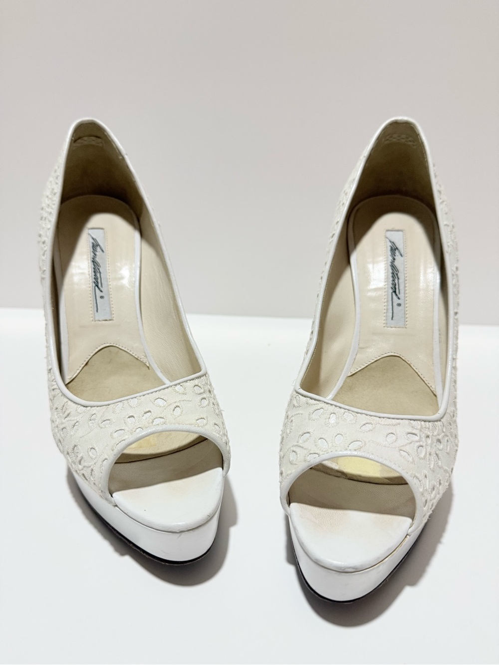 Brian Atwood White Peep-Toe Platform Pumps with Perforated Detail